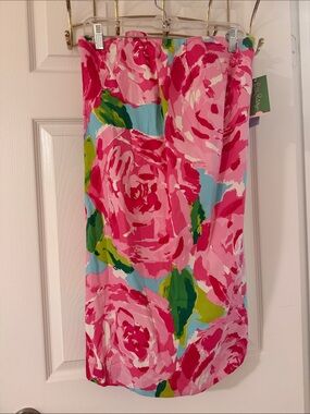 Lilly Pulitzer Pink & Green Mini Skirt with Blue Background